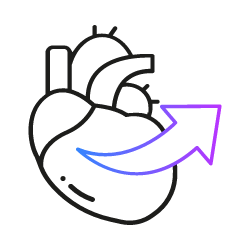 Heart illustration with arrow showing improved left ventricular ejection fraction.