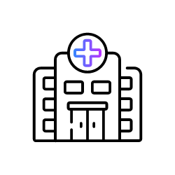 Hospital building icon with a purple medical cross, symbolizing healthcare access and medical resource use.