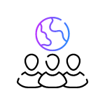 Three people connected under a globe symbolising the patient population.