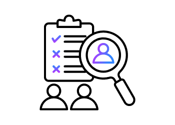 Clinical trial analysis icon with checklist, magnifying glass, and participants, highlighting clinical trials.