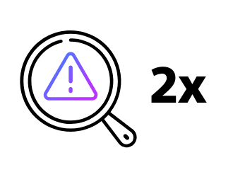 Warning icon with magnifying glass showing people with AF face 2x higher risk of death.